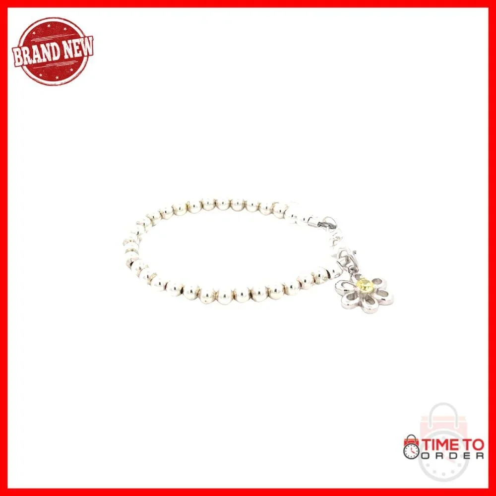 Sterling Silver Beaded Bracelet with Birthstone Daisy Charm for Girls